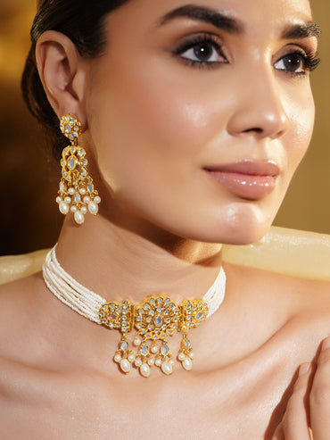 White Beaded Pearl Drop Necklace Set