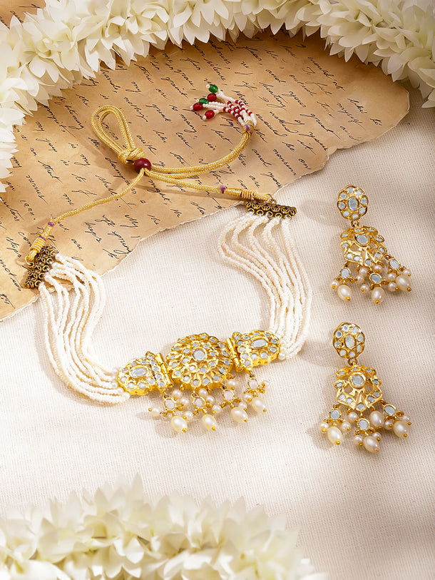 White Beaded Pearl Drop Necklace Set