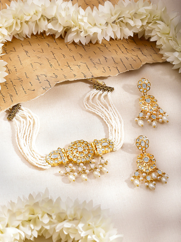 White Beaded Pearl Drop Necklace Set