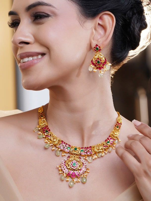 Pink-Green Royal Aura Necklace Set