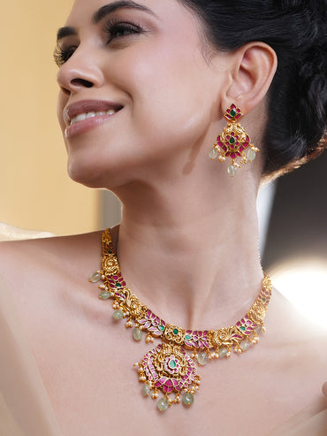 Pink-Green Royal Aura Necklace Set