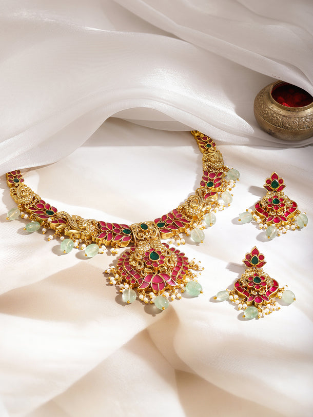 Pink-Green Royal Aura Necklace Set