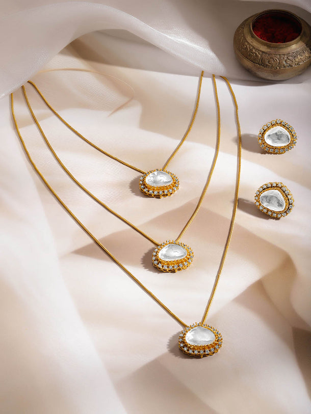Rubans 18K Gold Plated Brass Kundan Cubic Zirconia Multilayer Necklace Set
