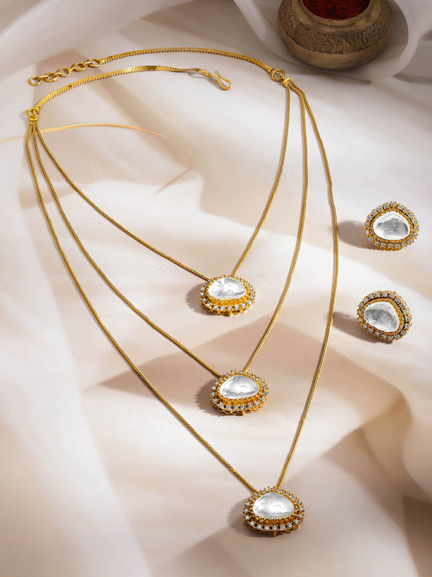 Rubans 18K Gold Plated Brass Kundan Cubic Zirconia Multilayer Necklace Set