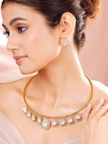 Gold Plated Cubic Zirconia Drop Charm Collar Necklace Set