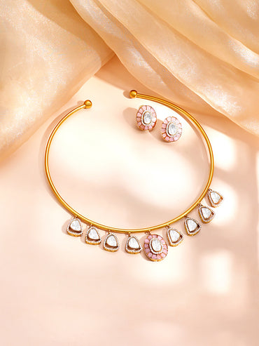 Gold Plated Cubic Zirconia Drop Charm Collar Necklace Set