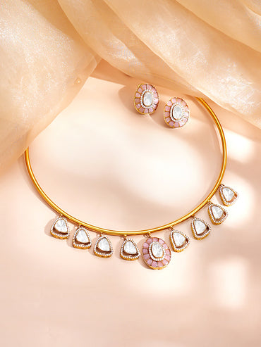 Gold Plated Cubic Zirconia Drop Charm Collar Necklace Set