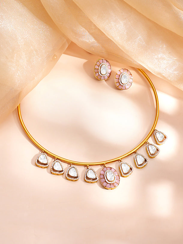 Gold Plated Cubic Zirconia Drop Charm Collar Necklace Set