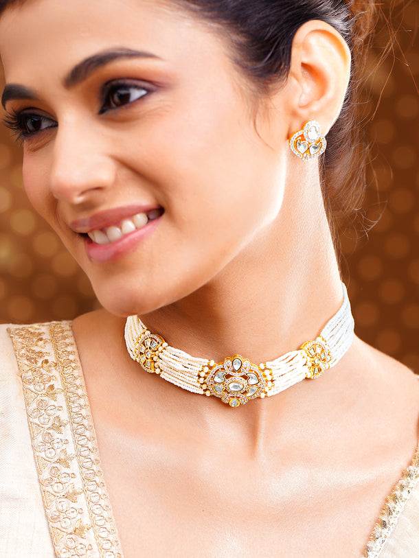 Gold Plated Kundan Pearl Beaded Choker Necklace Set