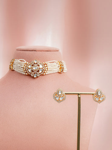 Gold Plated Kundan Pearl Beaded Choker Necklace Set
