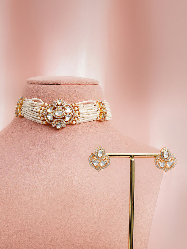 Gold Plated Kundan Pearl Beaded Choker Necklace Set