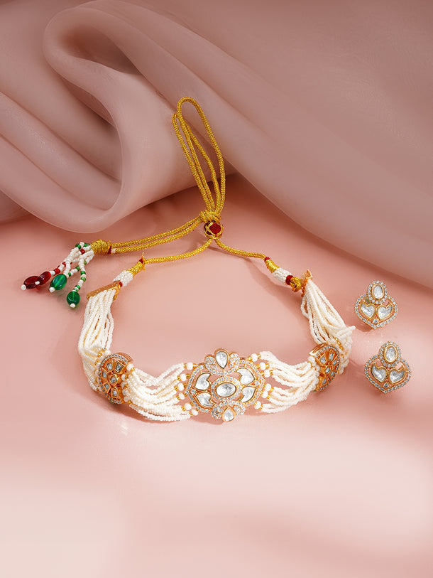Gold Plated Kundan Pearl Beaded Choker Necklace Set