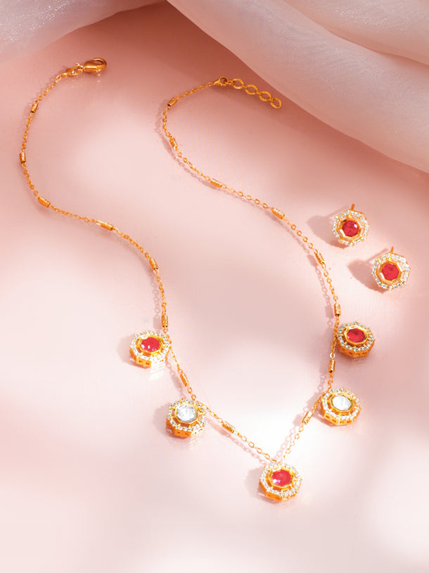 Ruby Zirconia Drop Charm Necklace Set
