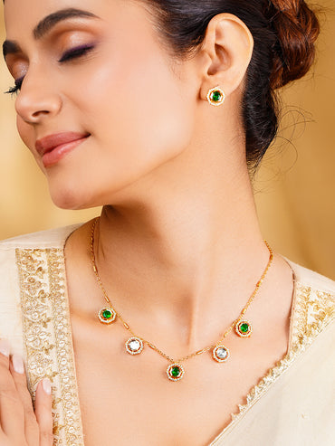 Gold Plated Emerald Green Cubic Zirconia Charm Necklace Set