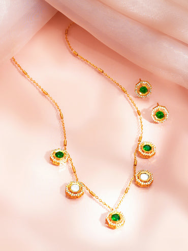 Gold Plated Emerald Green Cubic Zirconia Charm Necklace Set
