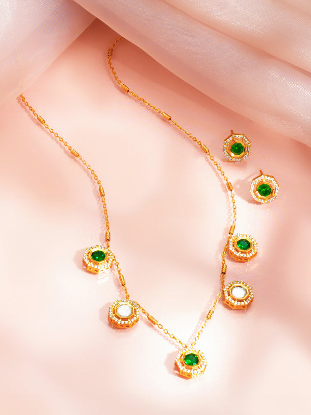 Gold Plated Emerald Green Cubic Zirconia Charm Necklace Set