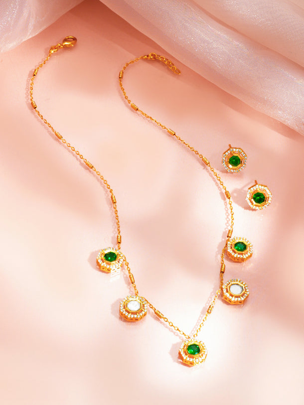 Gold Plated Emerald Green Cubic Zirconia Charm Necklace Set