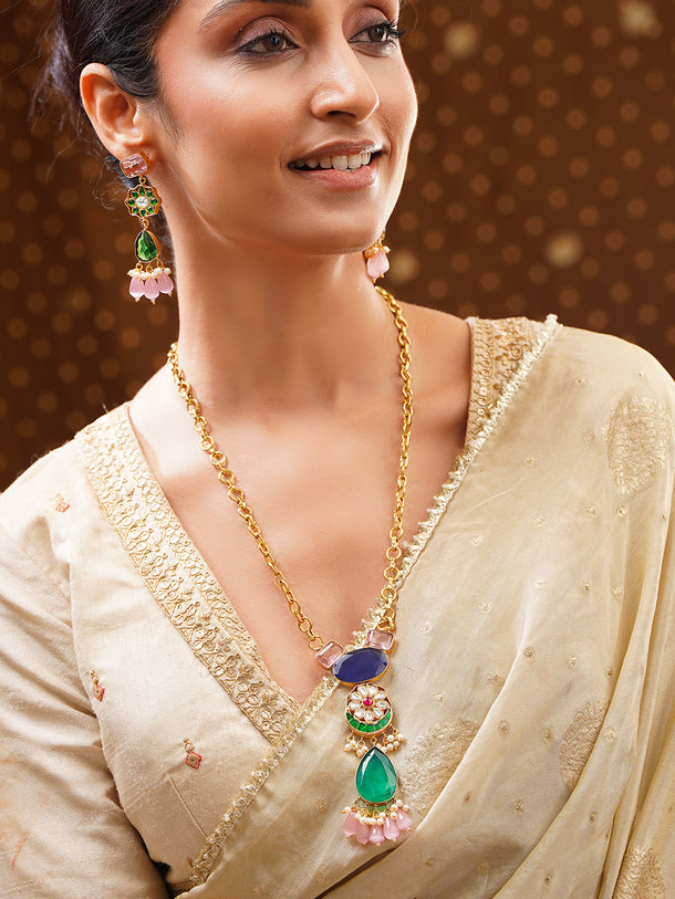 Gold Plated Pearl Beaded Kundan Multicolor Necklace Set