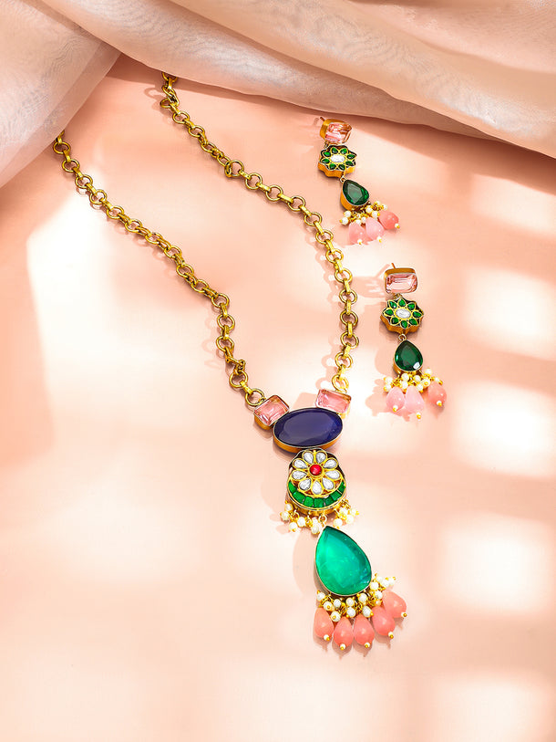 Gold Plated Pearl Beaded Kundan Multicolor Necklace Set