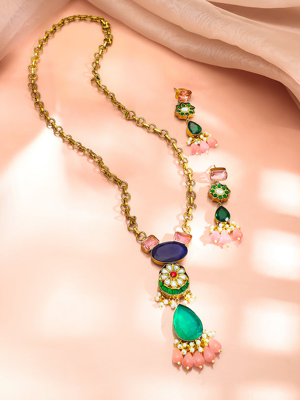 Gold Plated Pearl Beaded Kundan Multicolor Necklace Set