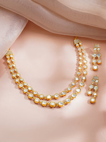 Rhodium Plated Kundan Layered Necklace Set