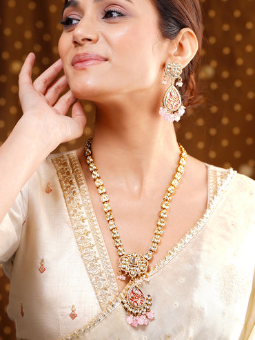 Pastel Pink Beaded Kundan Teardrop Pendant Necklace Set