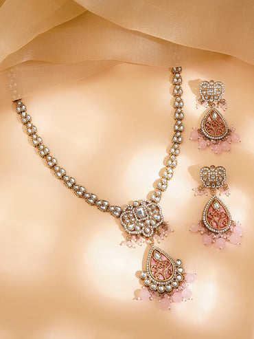 Pastel Pink Beaded Kundan Teardrop Pendant Necklace Set
