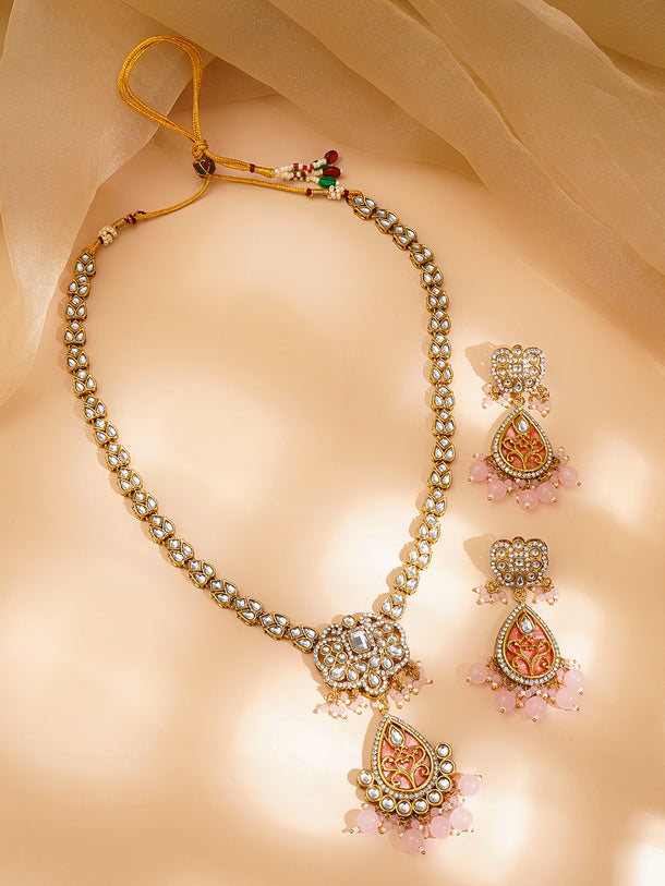 Pastel Pink Beaded Kundan Teardrop Pendant Necklace Set