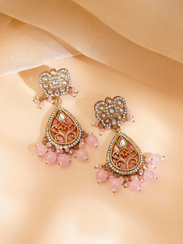 Pastel Pink Beaded Kundan Teardrop Pendant Necklace Set