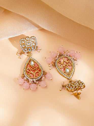Pastel Pink Beaded Kundan Teardrop Pendant Necklace Set