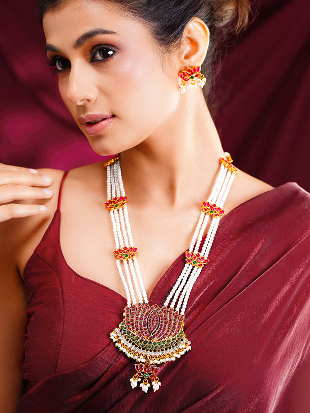 Gold-Plated Lotus Kundan Pearl Beaded Necklace Set
