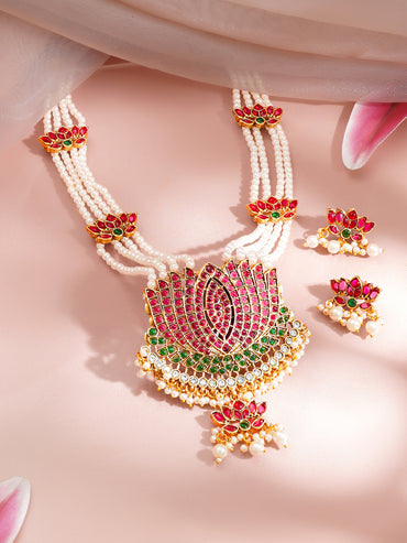 Gold-Plated Lotus Kundan Pearl Beaded Necklace Set