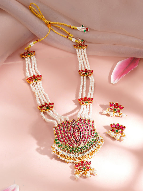 Gold-Plated Lotus Kundan Pearl Beaded Necklace Set