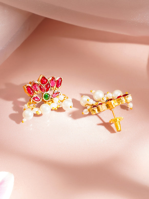Gold-Plated Lotus Kundan Pearl Beaded Necklace Set