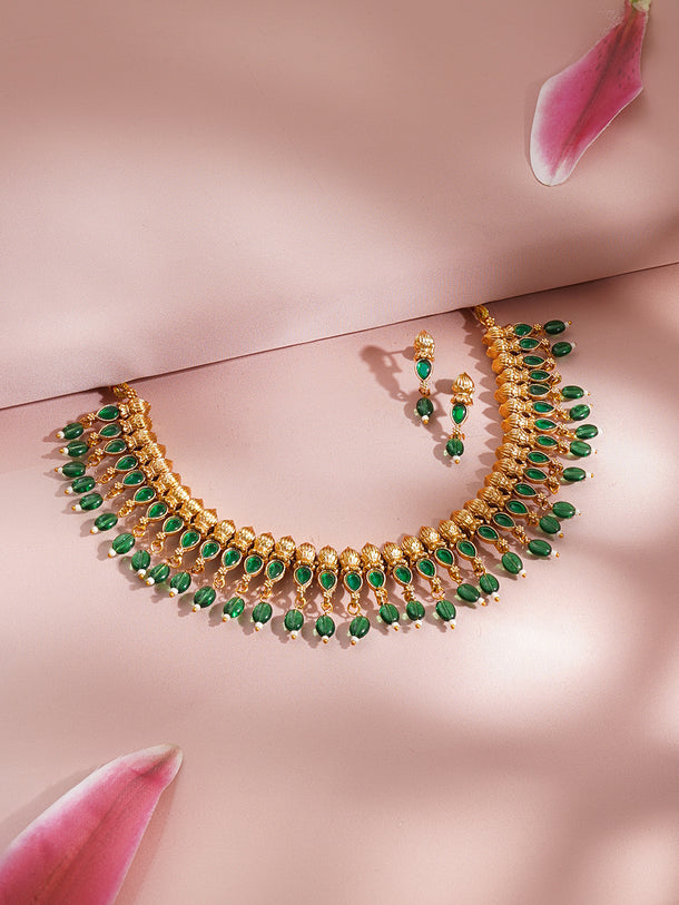 Gold Plated Floral Beaded Temple Necklace