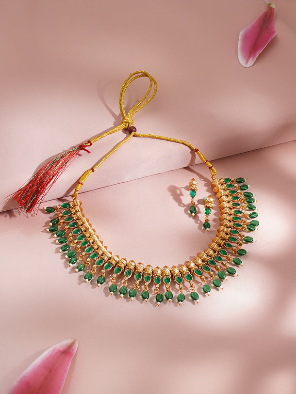 Gold Plated Floral Beaded Temple Necklace