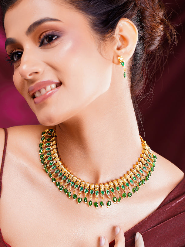 Gold Plated Floral Beaded Temple Necklace