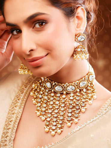 Gold-Plated Kundan & CZ Multilayer Necklace Set with Pearls