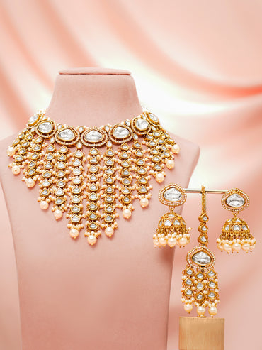 Gold-Plated Kundan & CZ Multilayer Necklace Set with Pearls