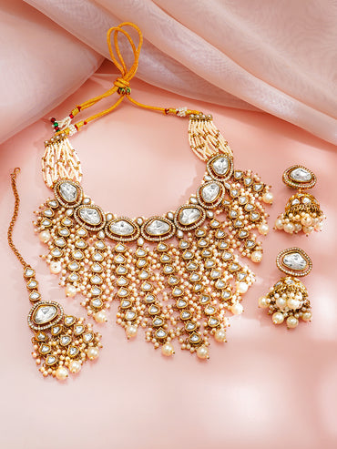 Gold-Plated Kundan & CZ Multilayer Necklace Set with Pearls
