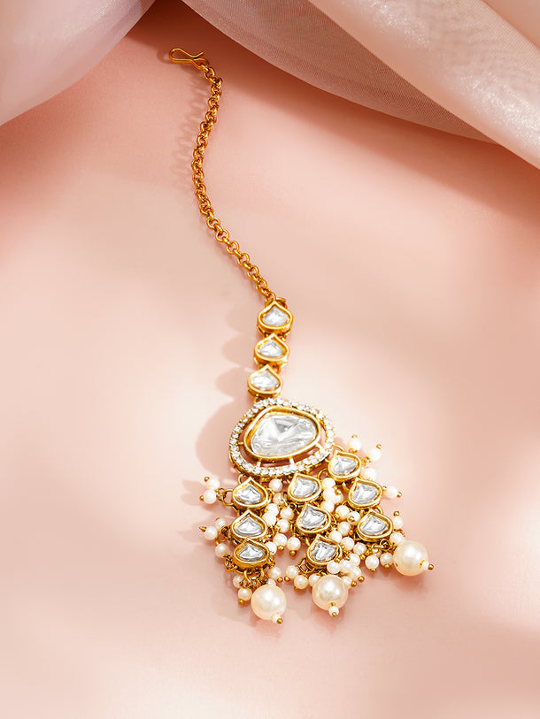 Gold-Plated Kundan & CZ Multilayer Necklace Set with Pearls