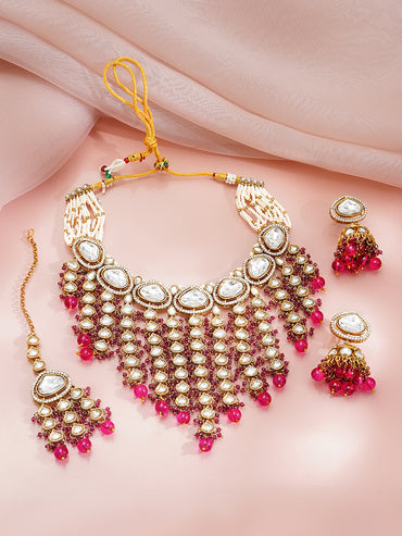 Gold Plated Kundan Pearl Choker Necklace Set With Pink Bead Detailing