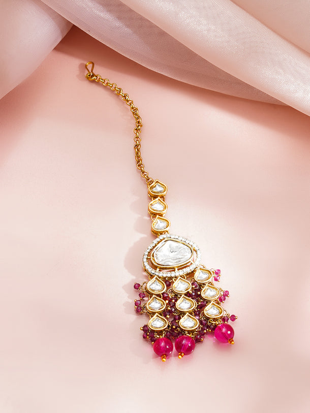 Gold Plated Kundan Pearl Choker Necklace Set With Pink Bead Detailing