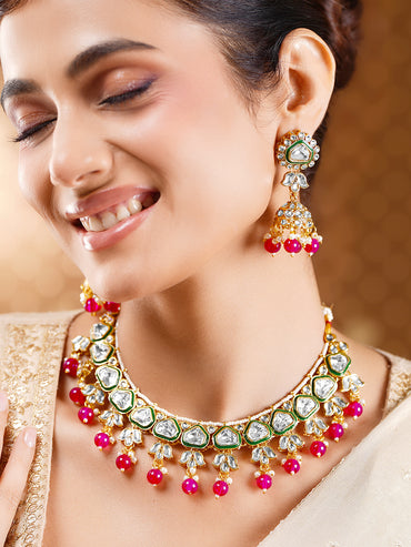 Gold Plated Pearl Beaded Pink Drop Kundan Necklace Set