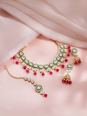 Gold Plated Pearl Beaded Pink Drop Kundan Necklace Set