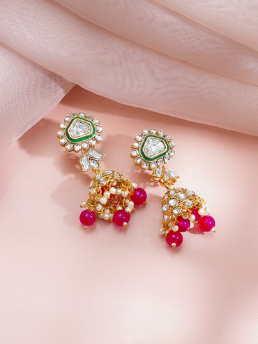 Gold Plated Pearl Beaded Pink Drop Kundan Necklace Set