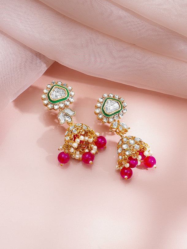 Gold Plated Pearl Beaded Pink Drop Kundan Necklace Set
