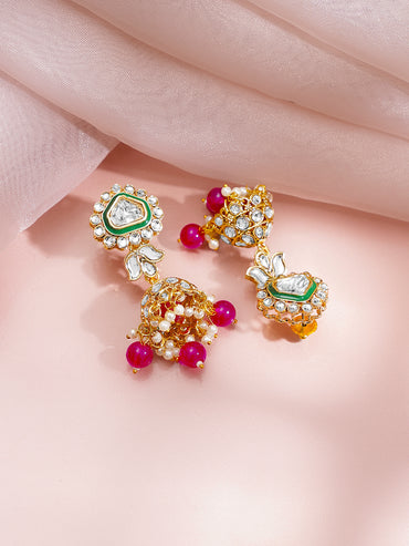 Gold Plated Pearl Beaded Pink Drop Kundan Necklace Set