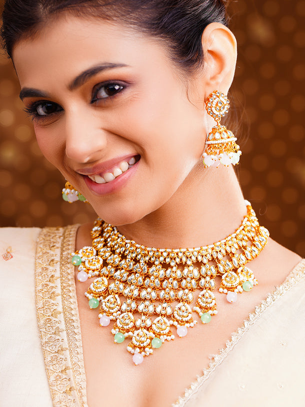 Gold-Plated Kundan Pastel Beaded Choker Jewellery Set