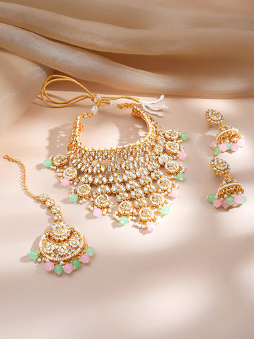 Gold-Plated Kundan Pastel Beaded Choker Jewellery Set
